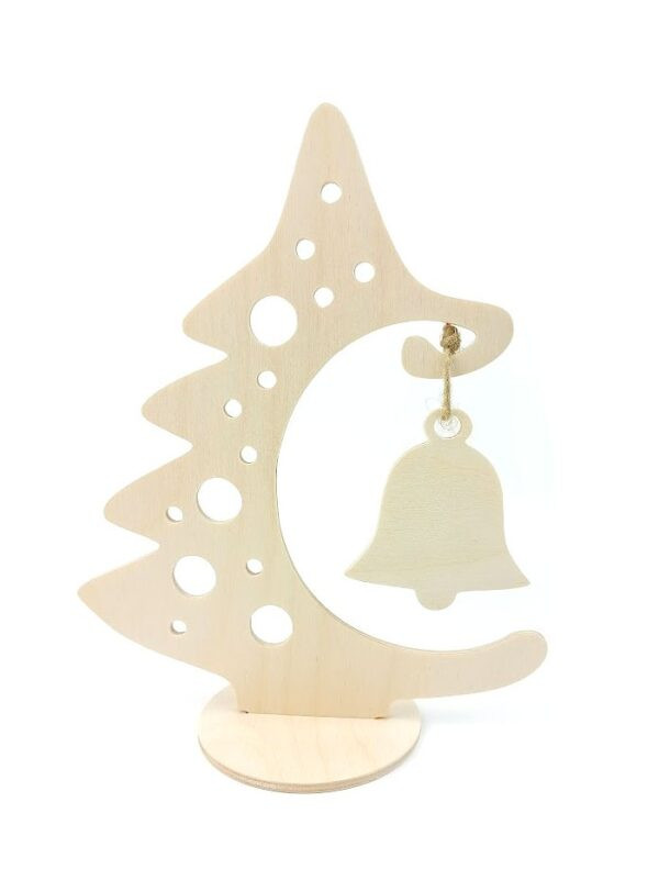 Lesena novoletna jelka z krogci in obeskom Zvonček