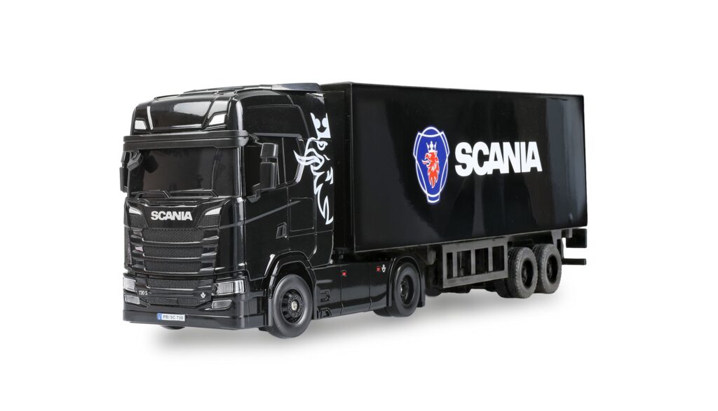 Mini Scania 730 S s priklopnikom, proporcionalni 4×4, 1:64 RTR, črne barve/AMW-22785